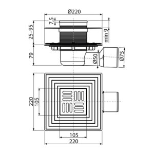 AlcaPlast APV3344 - Podlahová vpusť 105×105/50/75 mm bočná, mriežka nerez, nerezová príruba a límec 2. úrovne izolácie, vodná a suchá zápachová uzávera