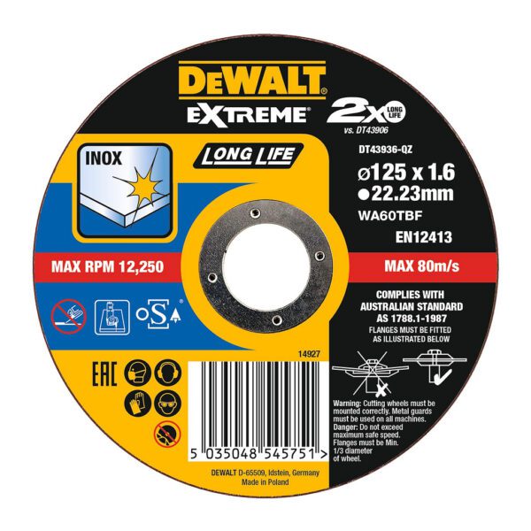 DeWalt DT43936 - Rezný kotúč EXTREME® na antikorovú oceľ, 125x22,2x1,6mm, Typ 1 – plochý
