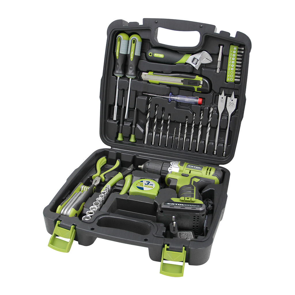 Extol Craft 422800 - Sada náradia 46-dielna s 12V aku vŕtačkou s príklepom, 1x Li-ion 1,3Ah