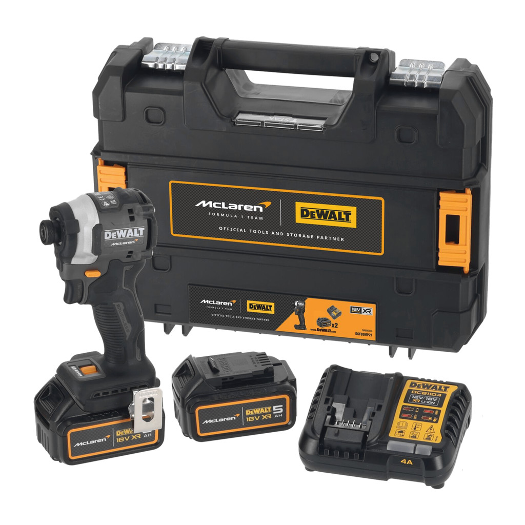 DeWALT DCF85MP2T - AKU uťahovač rázový, 18V, XR®, 2×AKU 5,0Ah, uchytenie 1/4", 206Nm, McLaren