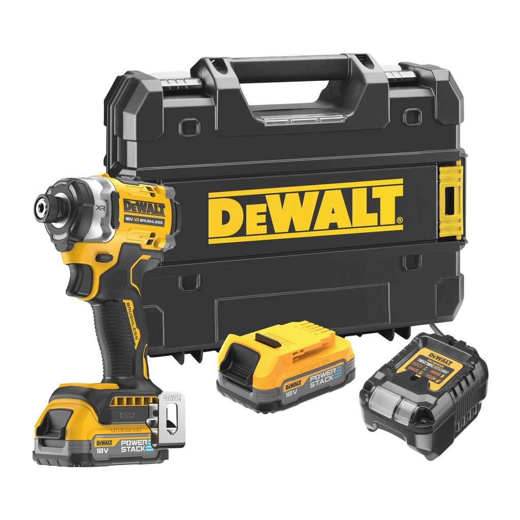DeWALT DCF860E2T - AKU uťahovač rázový, bezuhlíkový, 18V, XR®, 2×POWERSTACK™ 1,7Ah, uchytenie 1/4", 250Nm