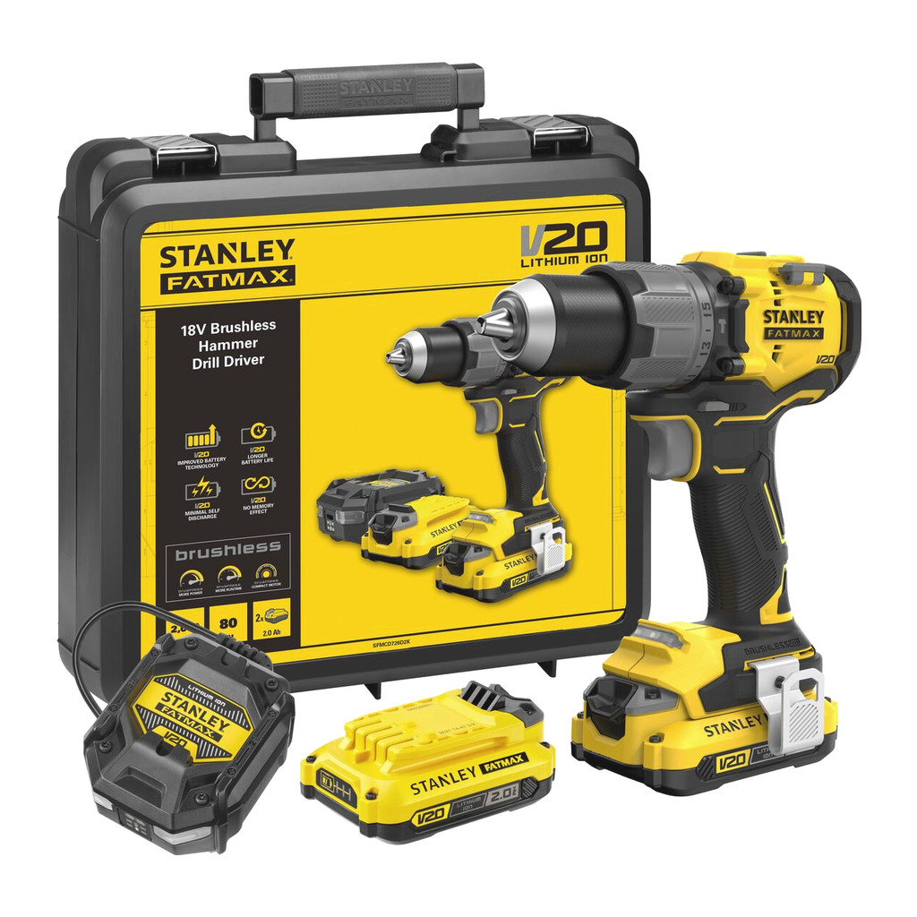 Stanley SFMCD726D2K - AKU vŕtačka príklepová, 80Nm, 18V, FatMax® V20, 2×AKU 2,0Ah, batéria, nabíjačka, kufor