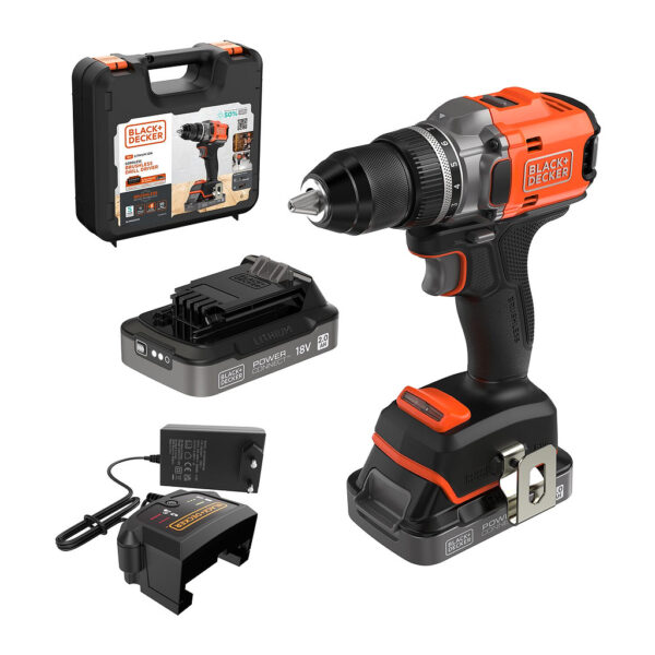 Black+Decker BLD682D2XK - AKU vŕtačka skrutkovač, 18V, bezuhlíková, rýchloupínacie skľučovadlo 13mm, 2× AKU 2,0Ah, nabíjačka, kufor