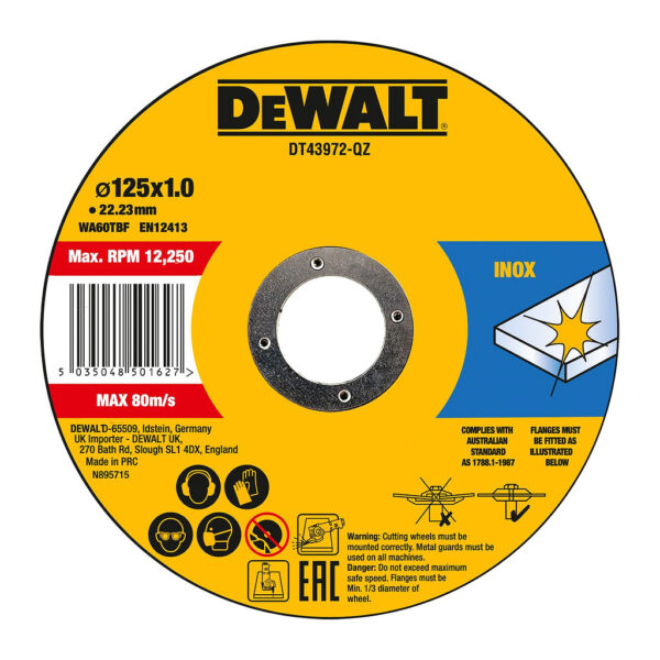 DeWALT DT43972 - Kotúč rezný na nerez, Extreme®, 125×1×22,23mm, typ 1, 10ks, plechovka