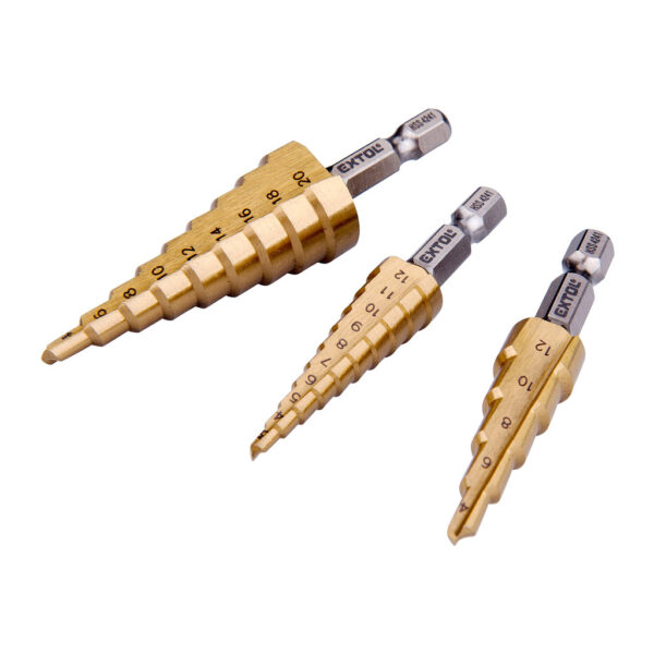 Extol Craft 20089 - Vrtáky stupňovité, sada 3ks, ø3-12/1mm, ø4-12/2mm, ø4-20/2mm