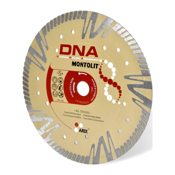 Montolit TXH230 – TURBO diamantový kotúč DNA na veľmi tvrdé slinuté dlažby 2–3cm, kameň a stavebné materiály, mokrý/suchý rez, Ø230mm