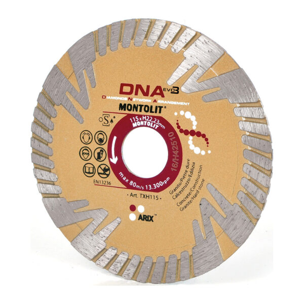 Montolit TXH115 – TURBO diamantový kotúč DNA na veľmi tvrdé slinuté dlažby 2–3cm, kameň a stavebné materiály, mokrý/suchý rez, Ø115mm